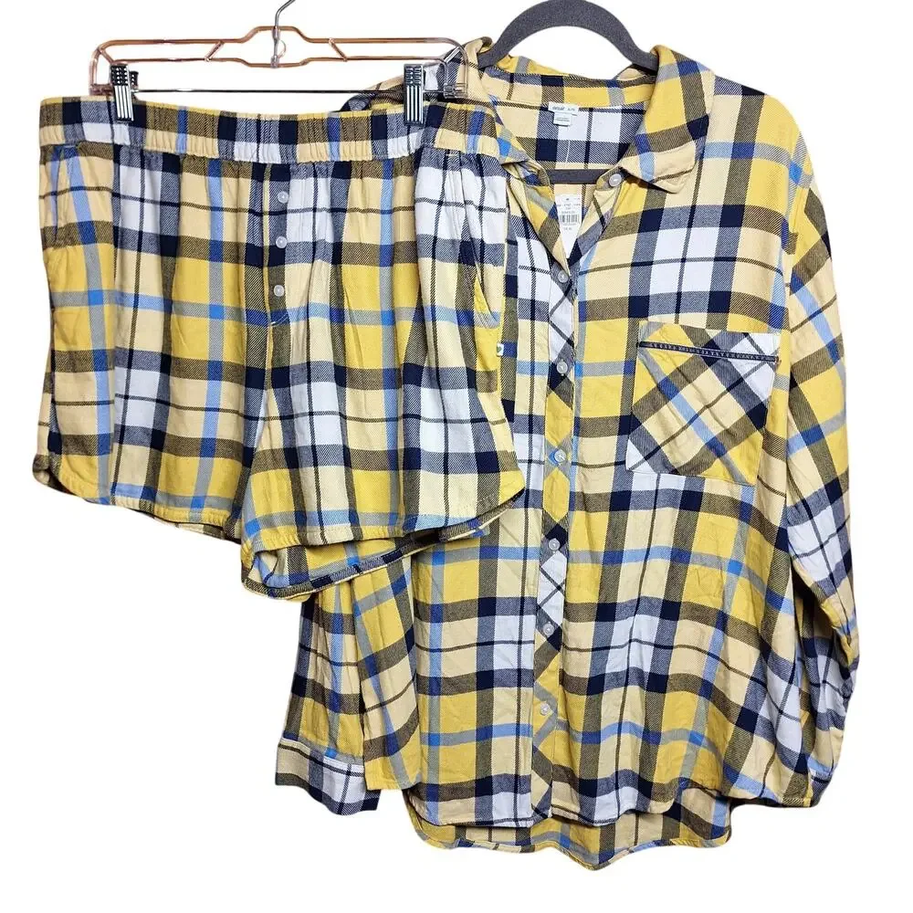 Aerie NEW Plaid women's pajama set yellow blue shorts long sleeve top XL sleep